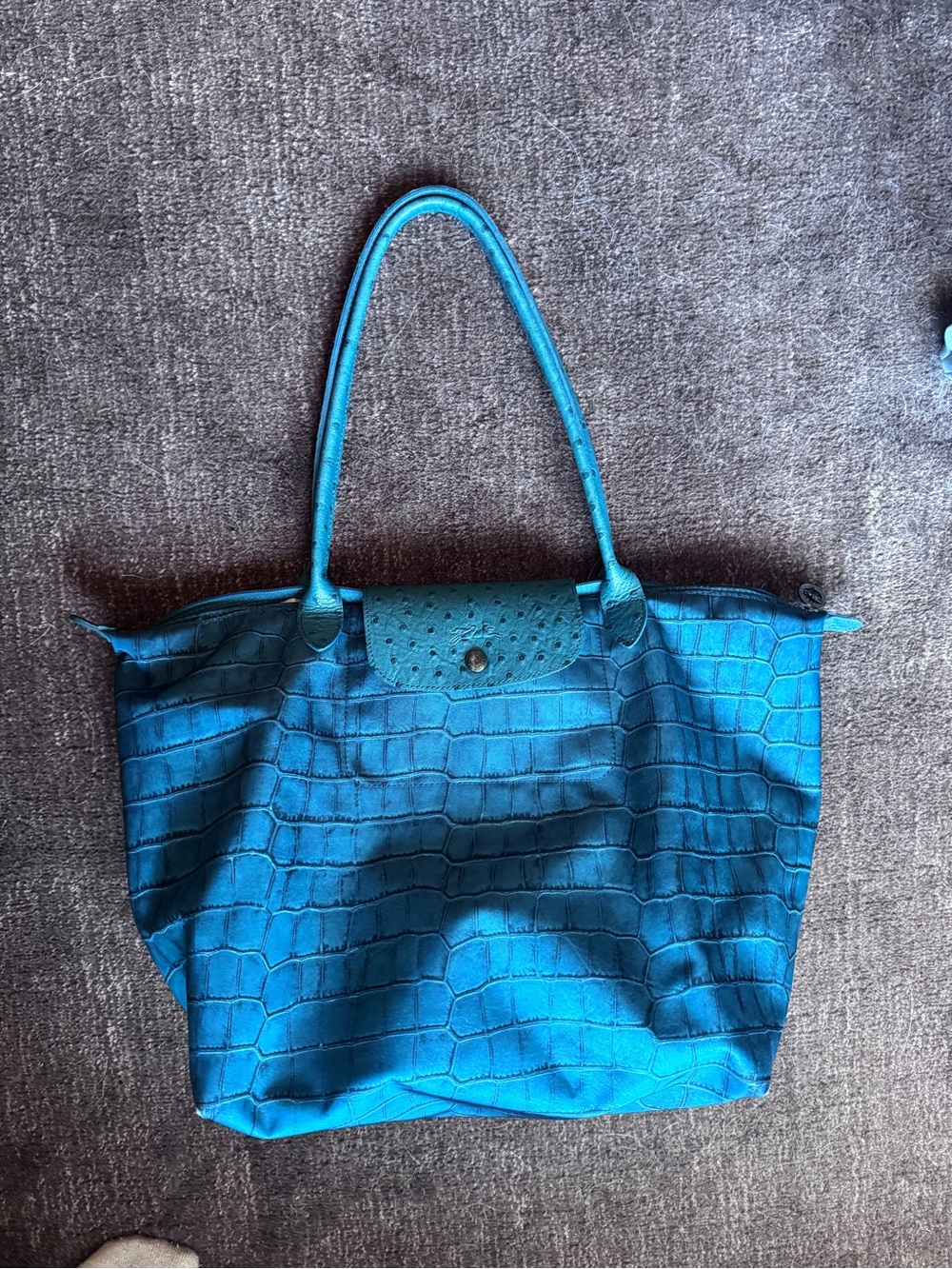 Longchamp Blue Teal Croc-Embossed Print Le Pliage Tote - size medium
